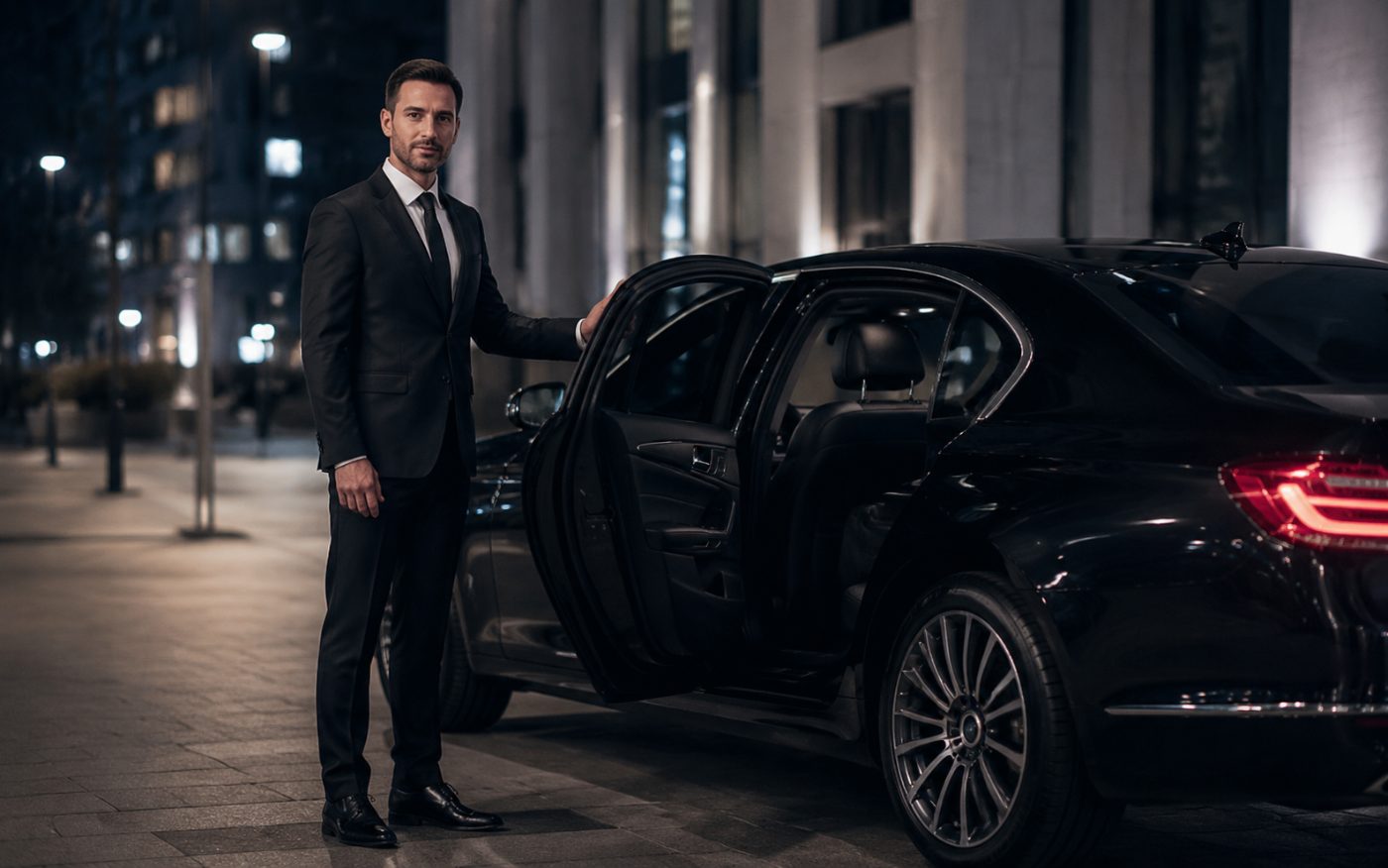 Professional chauffeur beside a luxury vehicle